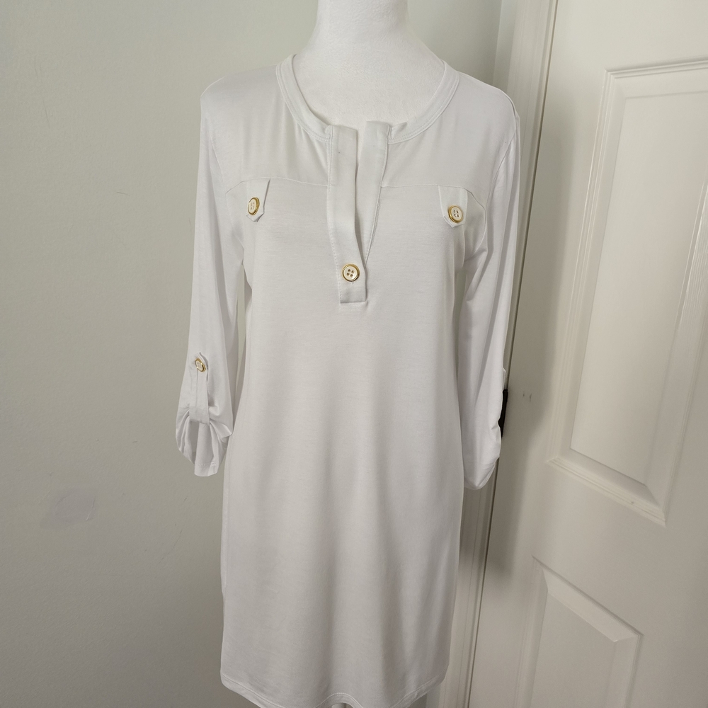 Stella Cruz V Neck 3/4 Gathered Sleeve Beach Cover Up White Sz. (Med).